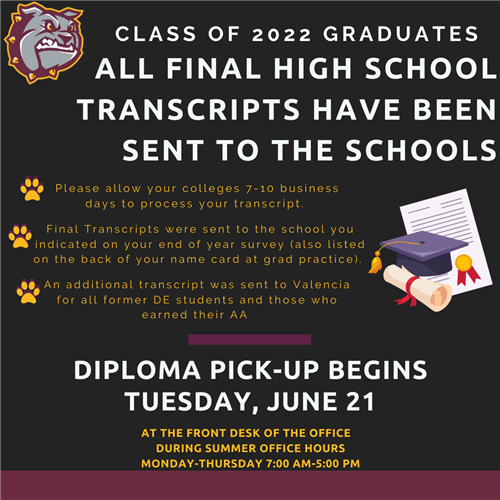  Flyer that says Class of 2022 Graduates, Diploma Pick-up Begins Tuesday, June 21